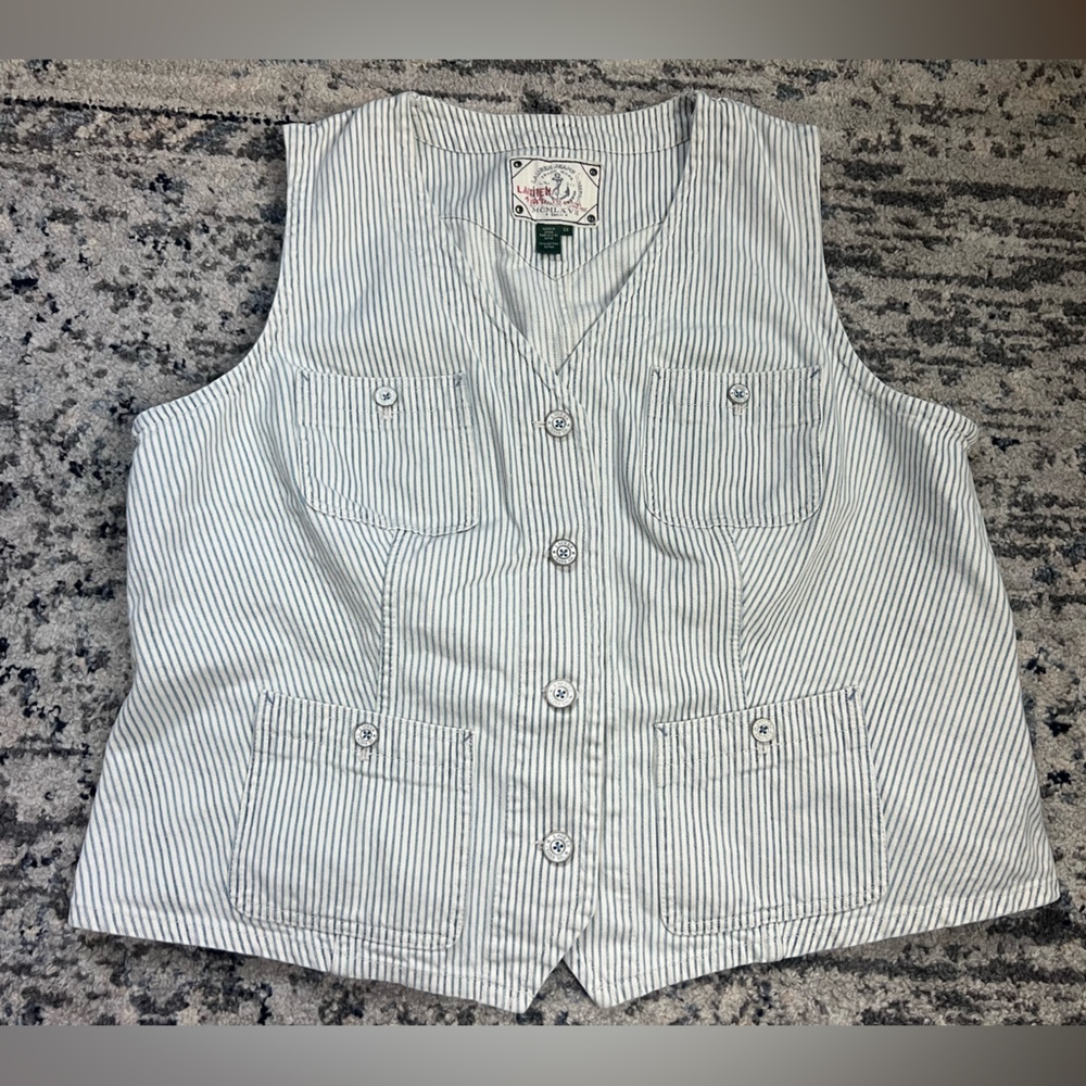 Lauren Jeans Co. Womens Railroad Stripe Vest White/Blue 100% Cotton 90s Prep
